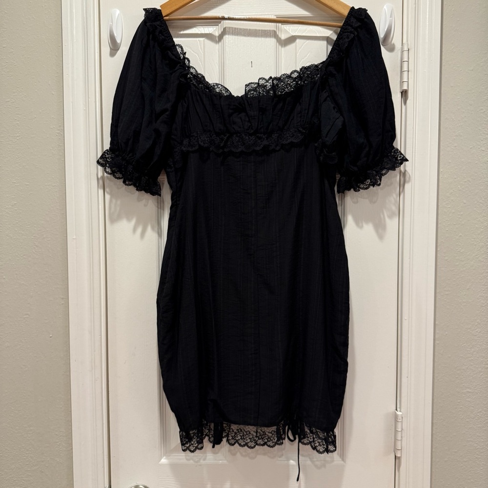 Ruched Mini Dress Women’s L Black Milkmaid Lace Drawstring Goth Dark Feminine - Picture 3 of 13